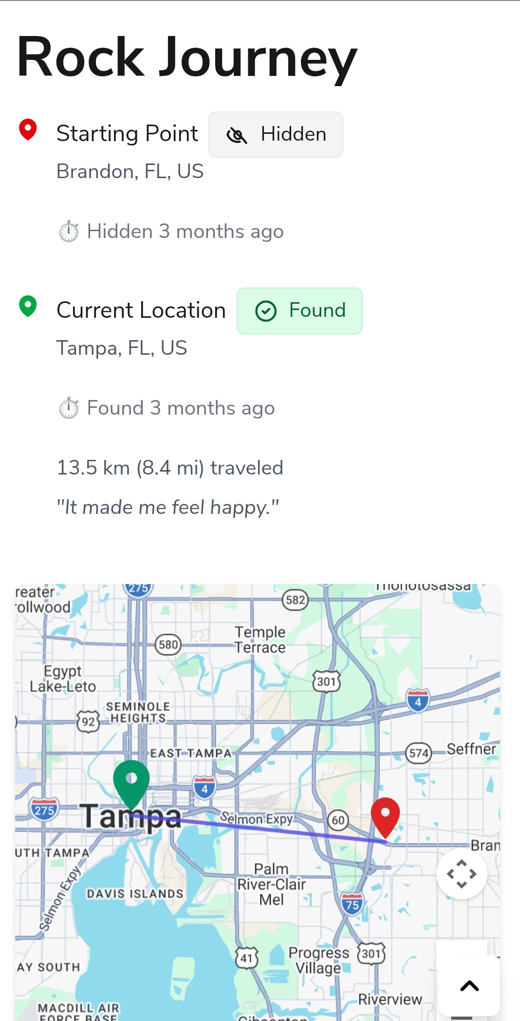 Picture of the a rock journey on Go Rock Go. It shows the hidden and found locations, along with a map and the finders comment. 