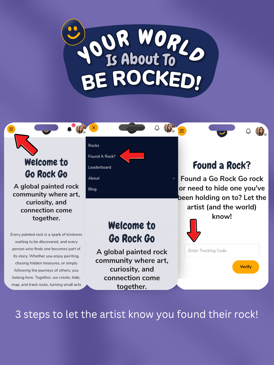 3 photo collage of the steps to logging a found rock on Go Rock Go